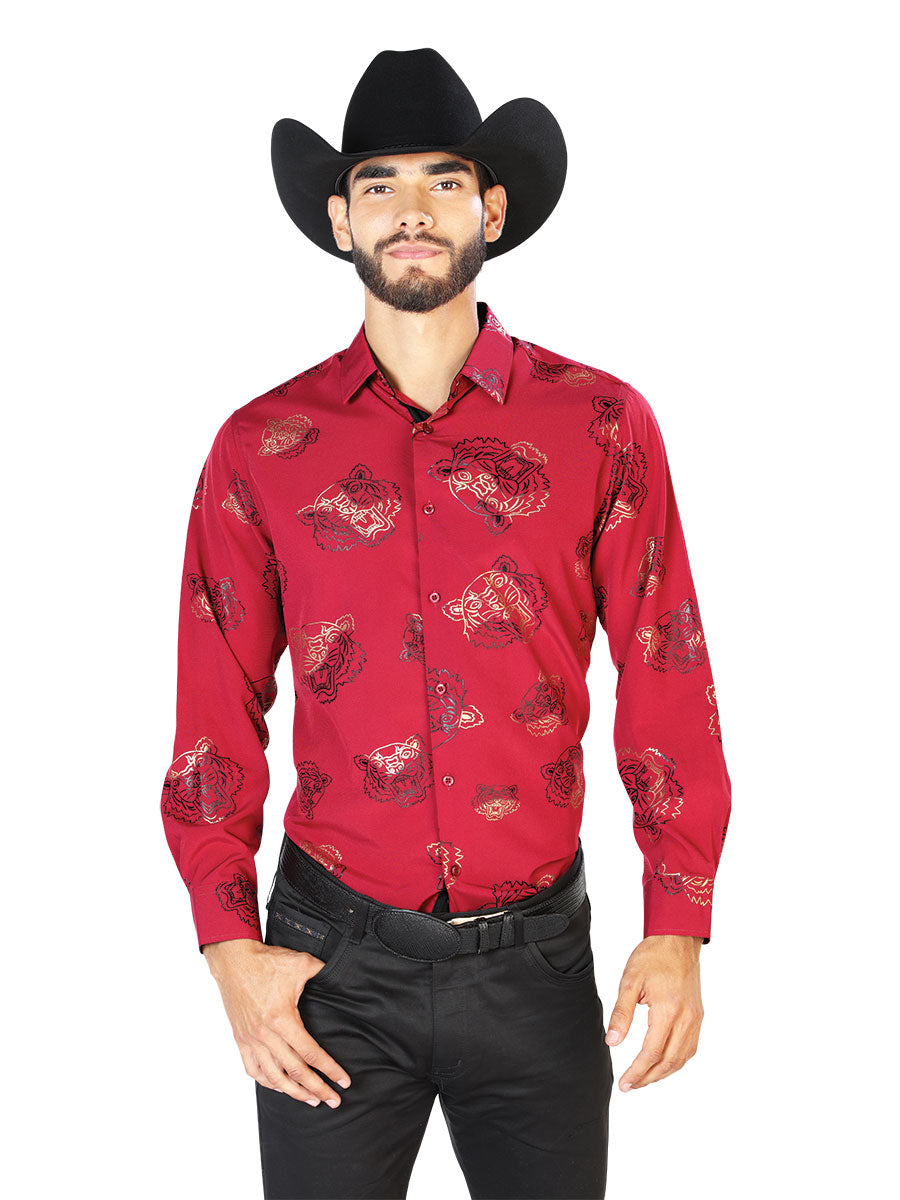 Camisa Vaquera Manga Larga Estampada Tigres Vino Oscuro para Hombre 'El Señor de los Cielos' - ID: 43829 Camisas Estampadas El Señor de los Cielos Dark Wine