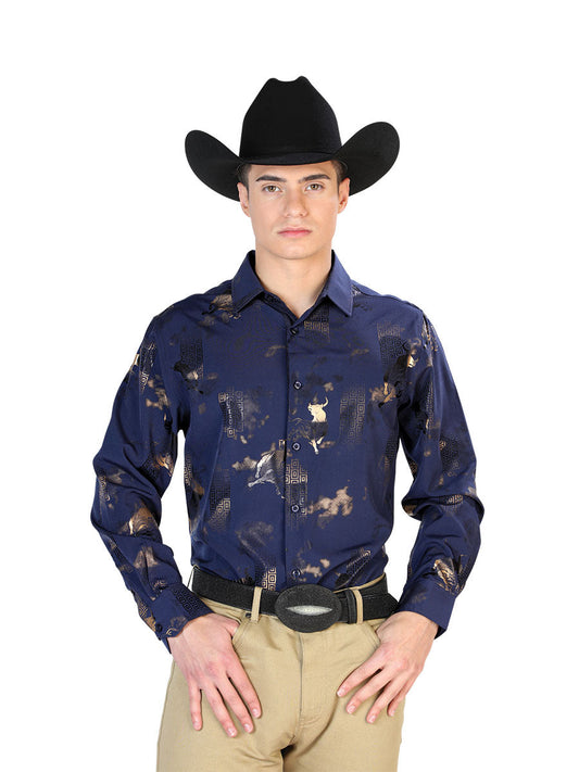 Camisa Vaquera Manga Larga Estampada Toros Azul Marino para Hombre 'El Señor de los Cielos' - ID: 43832 Western Shirt El Señor de los Cielos Navy Blue