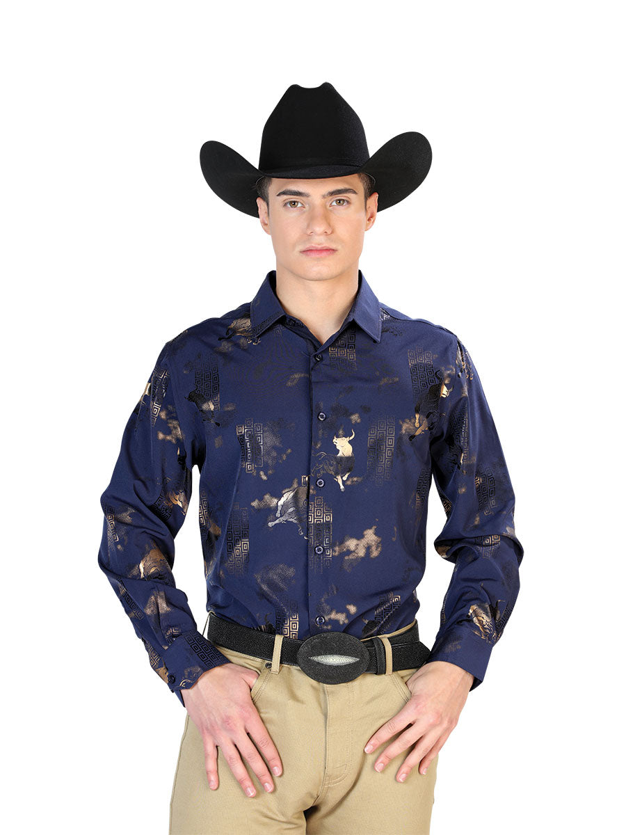 Camisa Vaquera Manga Larga Estampada Toros Azul Marino para Hombre 'El Señor de los Cielos' - ID: 43832 Camisas Estampadas El Señor de los Cielos Navy Blue