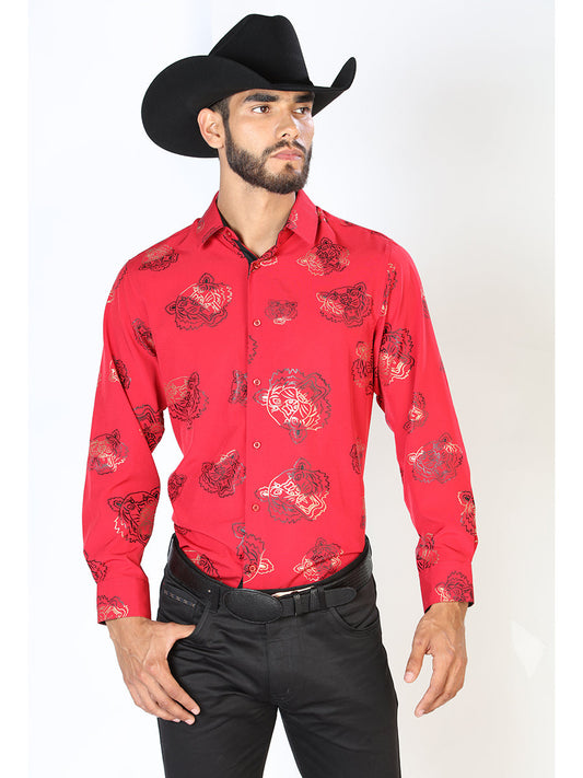 Camisa Vaquera Manga Larga Estampada Tigres Rojo para Hombre 'El Señor de los Cielos' - ID: 43840 Camisas Estampadas El Señor de los Cielos Red