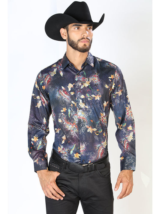 Camisa Vaquera Manga Larga Estampada Marino para Hombre 'El Señor de los Cielos' - ID: 43841 Camisas Estampadas El Señor de los Cielos Navy