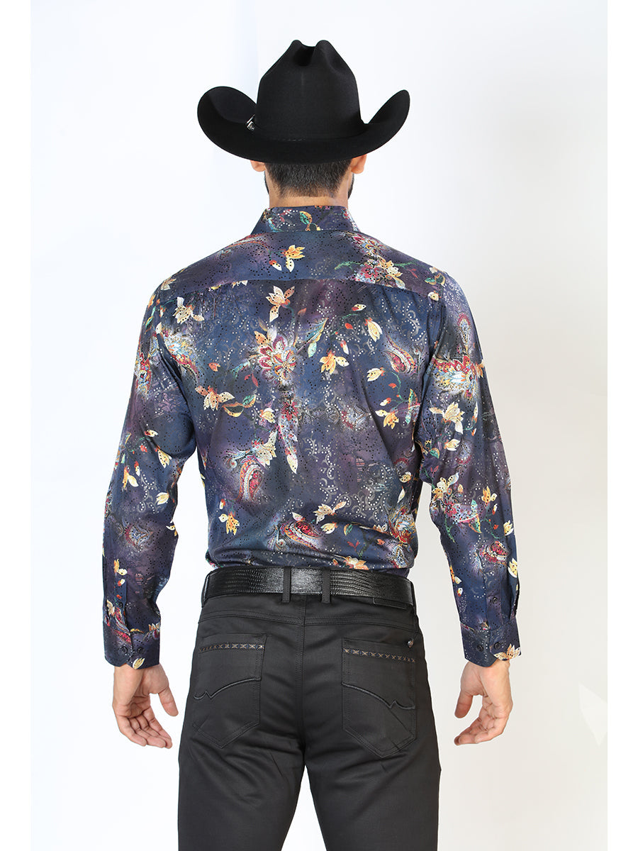 Camisa Vaquera Manga Larga Estampada Marino para Hombre 'El Señor de los Cielos' - ID: 43841 Camisas Estampadas El Señor de los Cielos 