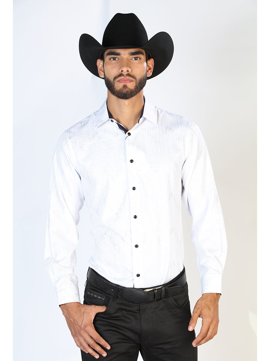 Camisa Vaquera Manga Larga Estampada Blanco para Hombre 'El Señor de los Cielos' - ID: 43842 Camisas Estampadas El Señor de los Cielos White