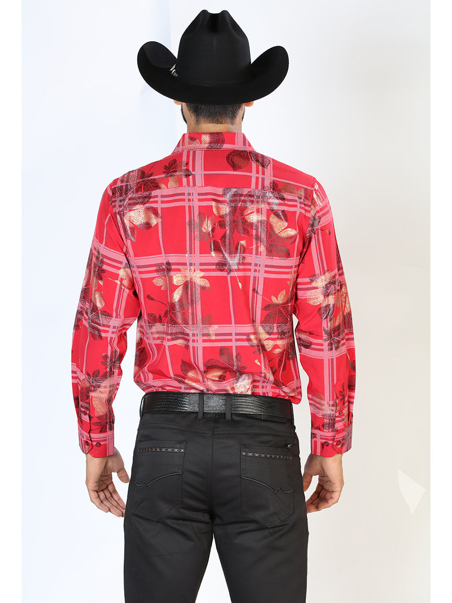 Camisa Vaquera Manga Larga Estampada Cuadros Vino para Hombre 'El Señor de los Cielos' - ID: 43844 Western Shirt El Señor de los Cielos 