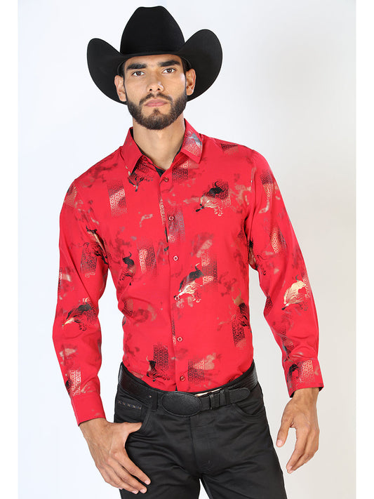 Camisa Vaquera Manga Larga Estampada Toros Vino para Hombre 'El Señor de los Cielos' - ID: 43846 Camisas Estampadas El Señor de los Cielos Wine