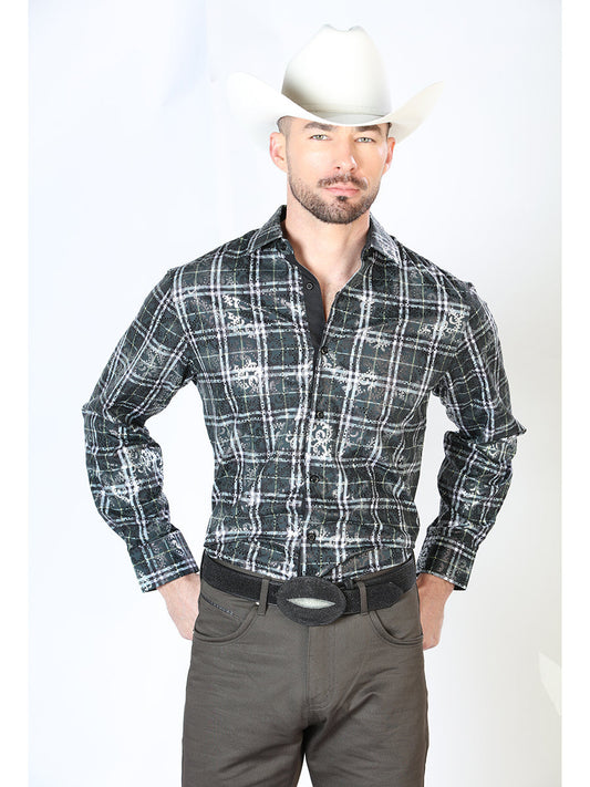 Camisa Vaquera Manga Larga Estampada Cuadros Verde para Hombre 'El Señor de los Cielos' - ID: 43853 Camisas de Cuadros El Señor de los Cielos Green