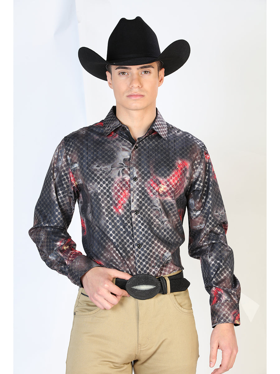 Camisa Vaquera Manga Larga Estampada Negro/Multicolor para Hombre 'El Señor de los Cielos' - ID: 43858 Camisas Estampadas El Señor de los Cielos Black/Multicolor