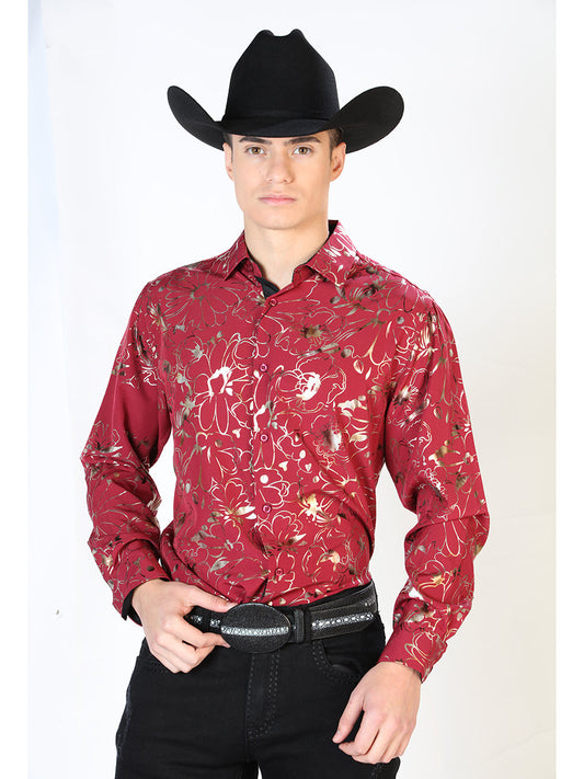 Camisa Vaquera Manga Larga Estampada Vino Oscuro para Hombre 'El Señor de los Cielos' - ID: 43861 Camisas Estampadas El Señor de los Cielos Dark Wine