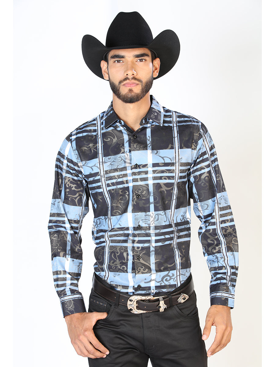 Camisa Vaquera Manga Larga Estampada Cuadros Negro/Azul para Hombre 'El Señor de los Cielos' - ID: 43864 Camisas de Cuadros El Señor de los Cielos Black/Blue