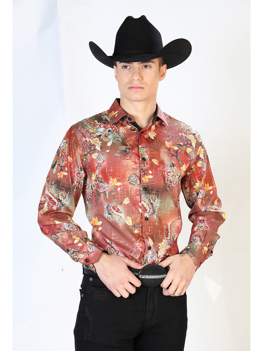 Camisa Vaquera Manga Larga Estampada Floral Naranja para Hombre 'El Señor de los Cielos' - ID: 43865 Western Shirt El Señor de los Cielos Orange