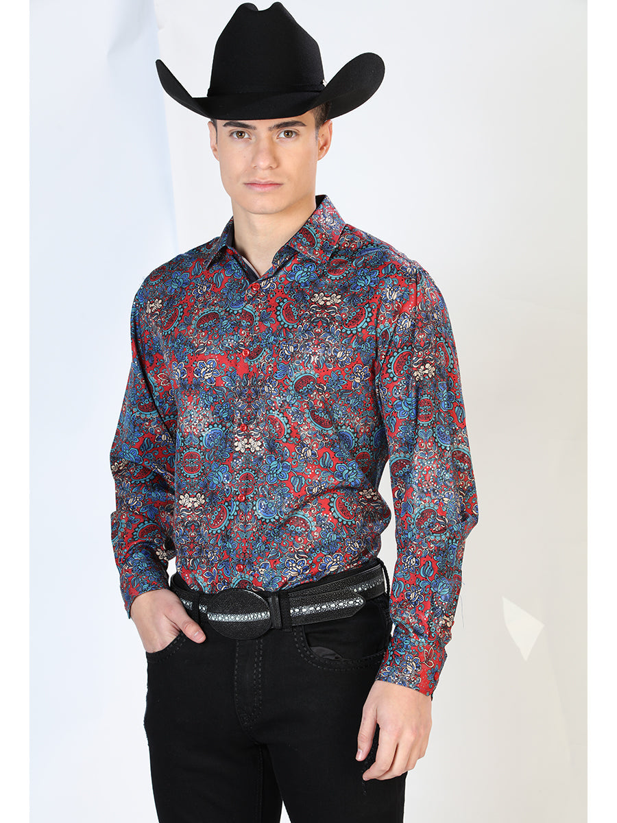 Camisa Vaquera Manga Larga Estampada Cachemir Rojo para Hombre 'El Señor de los Cielos' - ID: 43867 Western Shirt El Señor de los Cielos Red