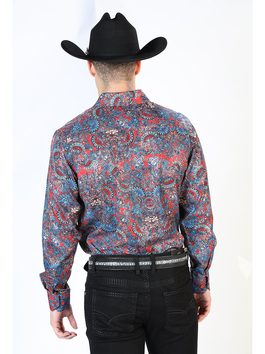 Camisa Vaquera Manga Larga Estampada Cachemir Rojo para Hombre 'El Señor de los Cielos' - ID: 43867 Western Shirt El Señor de los Cielos 