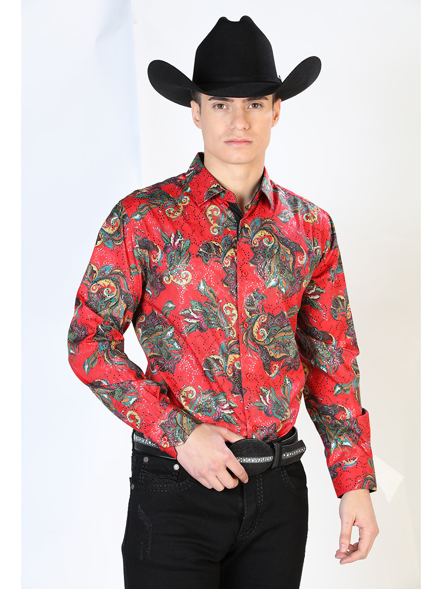 Camisa Vaquera Manga Larga Estampada Cachemir Rojo para Hombre 'El Señor de los Cielos' - ID: 43869 Camisas Estampadas El Señor de los Cielos Red