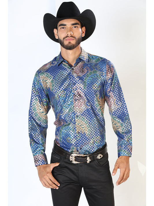 Camisa Vaquera Manga Larga Estampada Cachemir Azul para Hombre 'El Señor de los Cielos' - ID: 43873 Camisas Estampadas El Señor de los Cielos Blue