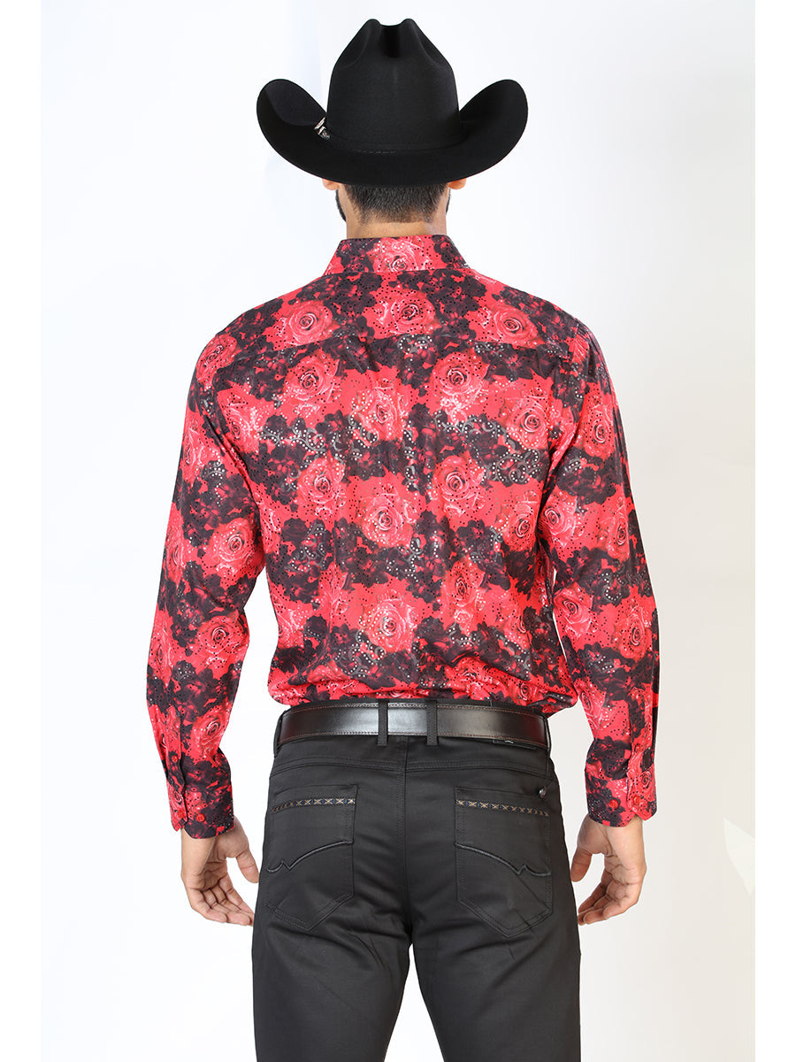 Camisa Vaquera Manga Larga Estampada Floral Rojo para Hombre 'El Señor de los Cielos' - ID: 43874 Camisas Florales El Señor de los Cielos 