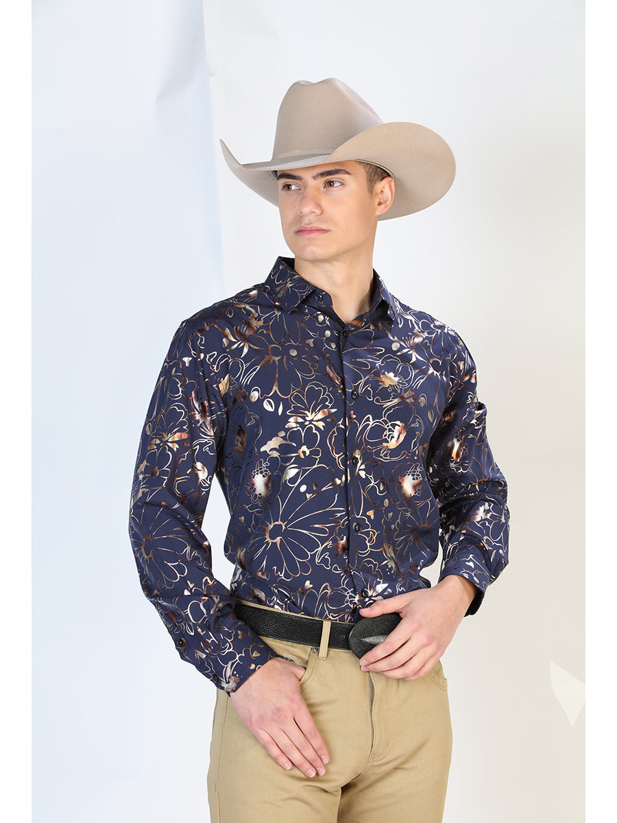 Camisa Vaquera Manga Larga Estampada Azul Marino para Hombre 'El Señor de los Cielos' - ID: 43875 Camisas Estampadas El Señor de los Cielos Navy Blue