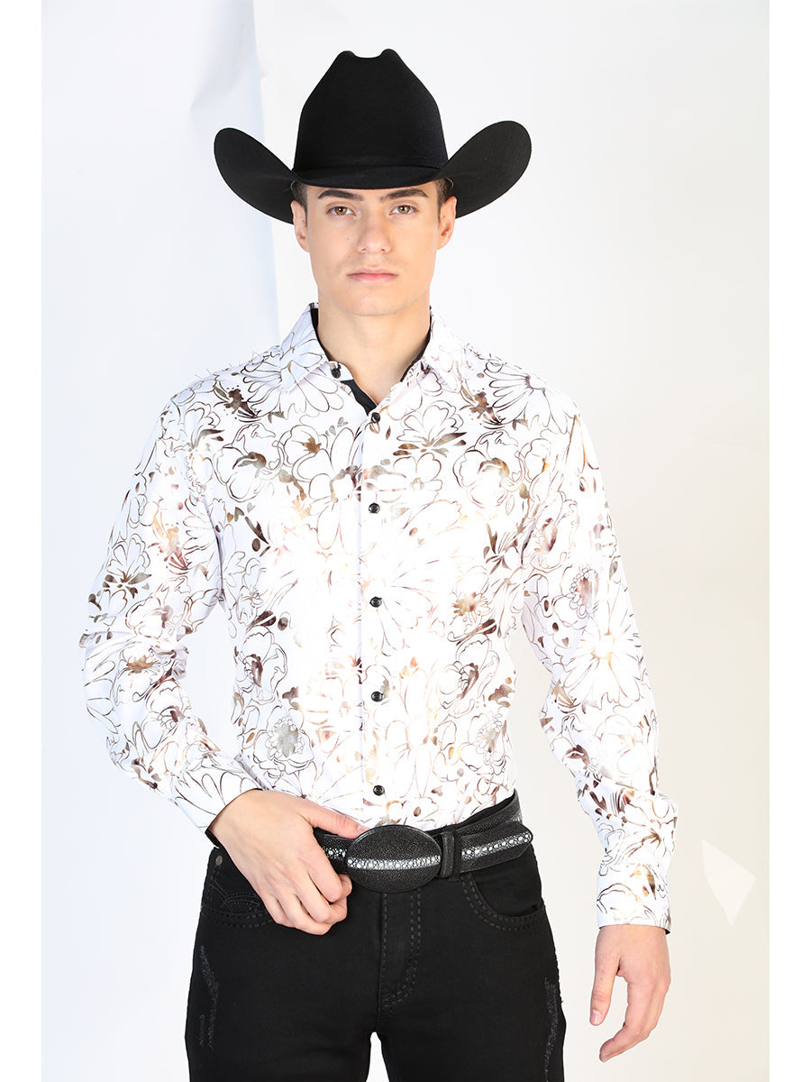 Camisa Vaquera Manga Larga Estampada Blanco para Hombre 'El Señor de los Cielos' - ID: 43876 Camisas Estampadas El Señor de los Cielos 