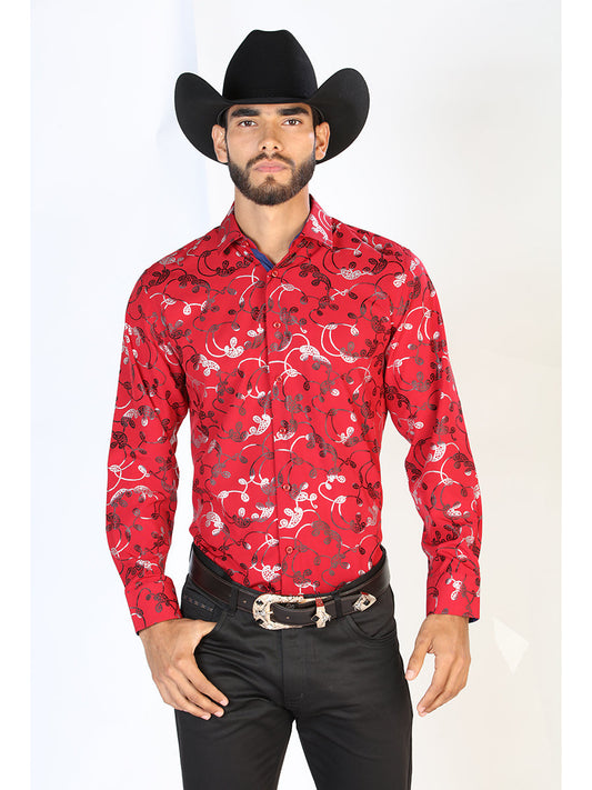 Camisa Vaquera Manga Larga Estampada Rojo para Hombre 'El Señor de los Cielos' - ID: 43901 Western Shirt El Señor de los Cielos Red