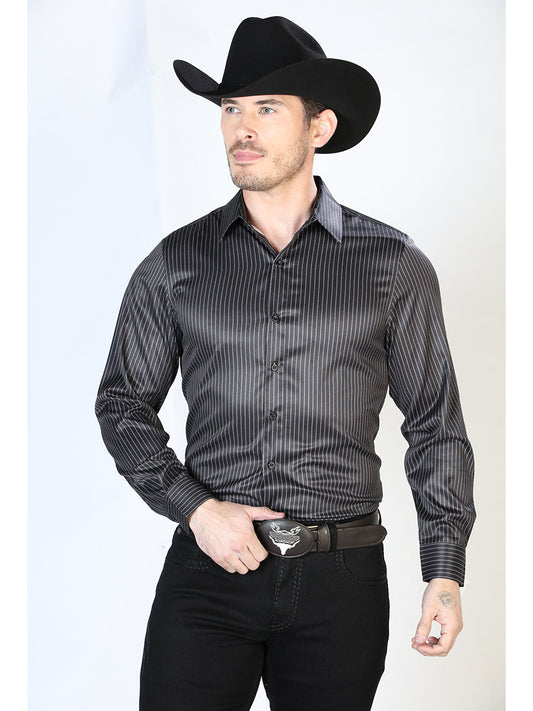 Camisa Vaquera Manga Larga Estampada Rayas Negro para Hombre 'El Señor de los Cielos' - ID: 43923 Western Shirt El Señor de los Cielos Black