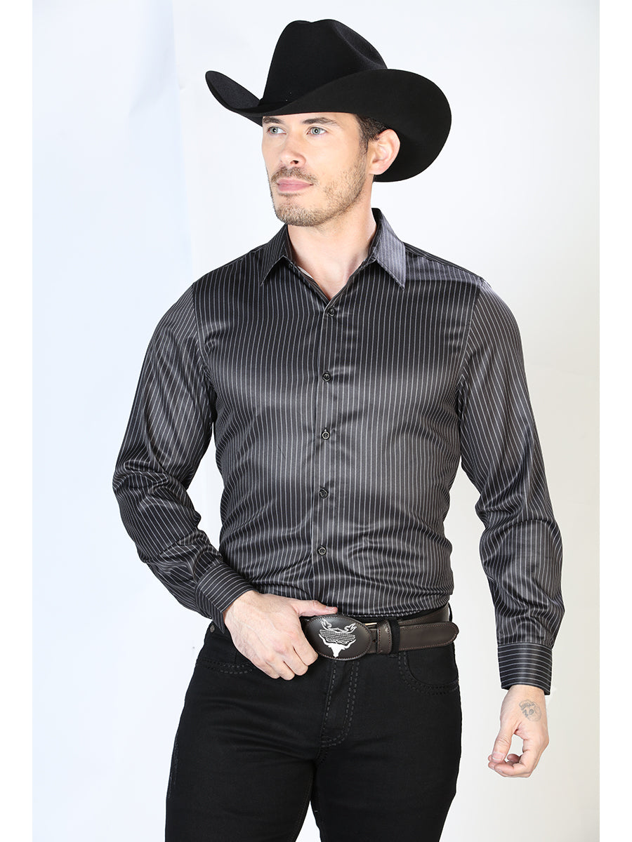 Camisa Vaquera Manga Larga Estampada Rayas Negro para Hombre 'El Señor de los Cielos' - ID: 43923 Camisas Estampadas El Señor de los Cielos Black