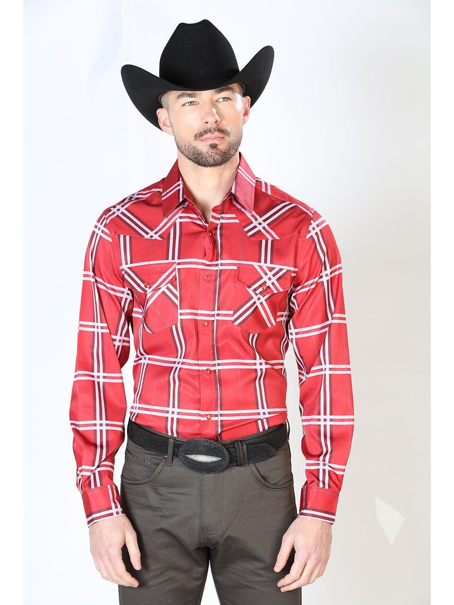 Camisa Vaquera Manga Larga de Broches Estampada Cuadros Rojo para Hombre 'El Señor de los Cielos' - ID: 43928 Camisas de Cuadros El Señor de los Cielos Red