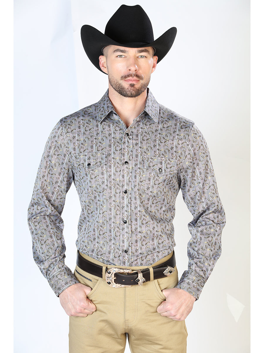 Camisa Vaquera Manga Larga de Broches Estampada Gris/Rojo para Hombre 'El Señor de los Cielos' - ID: 43931 Camisas Estampadas El Señor de los Cielos Gray/Red