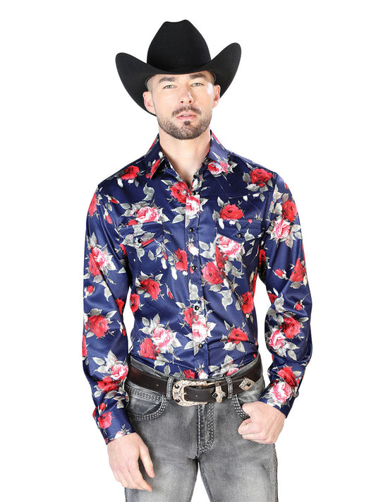 Camisa Vaquera Manga Larga de Broches Estampada Floral Azul/Flores para Hombre 'El Señor de los Cielos' - ID: 43937 Camisas Florales El Señor de los Cielos Blue/Flowers