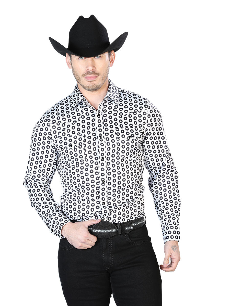 Camisa Vaquera Manga Larga de Broches Estampada Negro/Blanco para Hombre 'El Señor de los Cielos' - ID: 43938 Camisas Estampadas El Señor de los Cielos Black/White