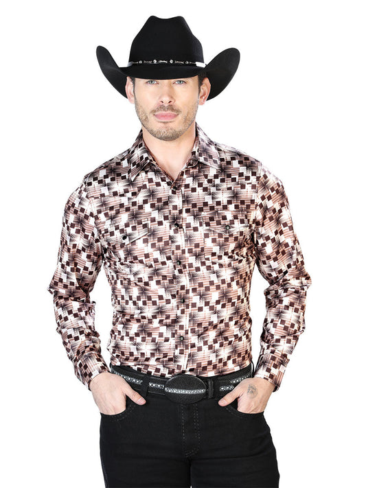 Camisa Vaquera Manga Larga de Broches Estampada Beige/Cafe para Hombre 'El Señor de los Cielos' - ID: 43941 Camisas Estampadas El Señor de los Cielos Beige/Brown