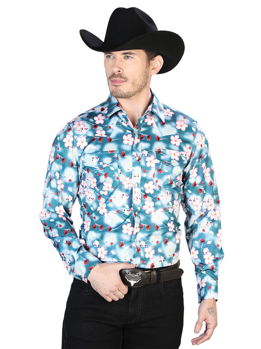 Camisa Vaquera Manga Larga de Broches Estampada Floral Agua/Flores para Hombre 'El Señor de los Cielos' - ID: 43943 Camisas Florales El Señor de los Cielos Aqua/Flores