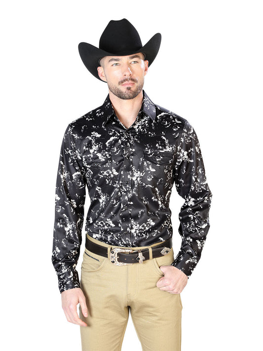 Camisa Vaquera Manga Larga de Broches Estampada Negro/Beige para Hombre 'El Señor de los Cielos' - ID: 43946 Western Shirt El Señor de los Cielos Black/Beige