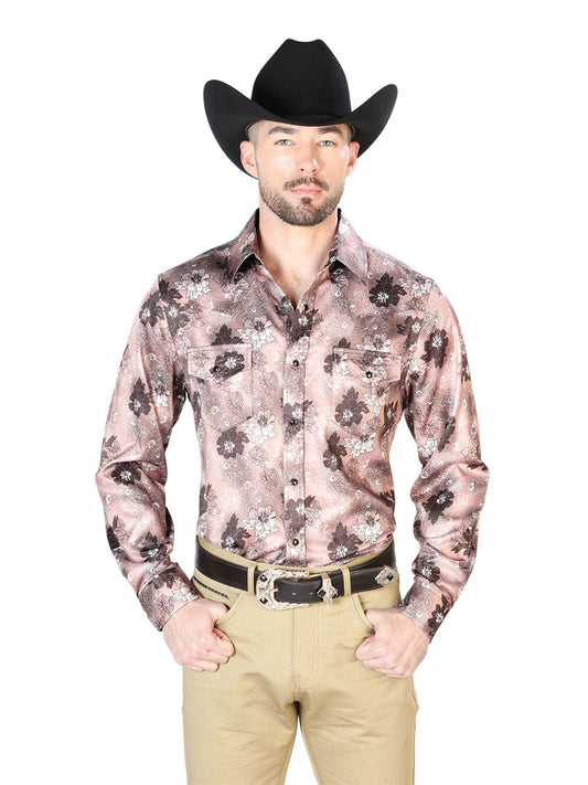 Camisa Vaquera Manga Larga de Broches Estampada Floral Cafe Claro para Hombre 'El Señor de los Cielos' - ID: 43947 Camisas Florales El Señor de los Cielos Light Brown