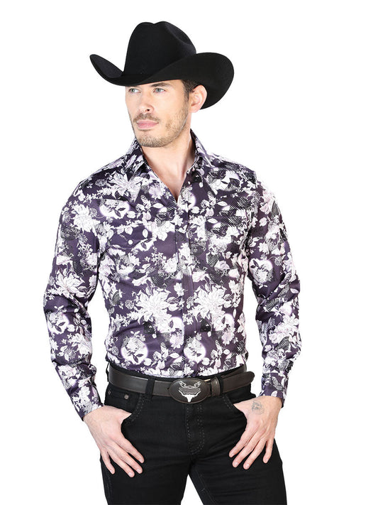 Camisa Vaquera Manga Larga de Broches Estampada Floral Vino/Blanco para Hombre 'El Señor de los Cielos' - ID: 43948 Camisas Florales El Señor de los Cielos Wine/White