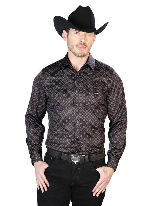 Camisa Vaquera Manga Larga de Broches Estampada Cafe para Hombre 'El Señor de los Cielos' - ID: 43950 Camisas Estampadas El Señor de los Cielos Brown