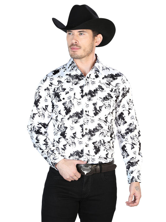 Camisa Vaquera Manga Larga de Broches Estampada Blanco/Negro para Hombre 'El Señor de los Cielos' - ID: 43952 Camisas Estampadas El Señor de los Cielos White/Black