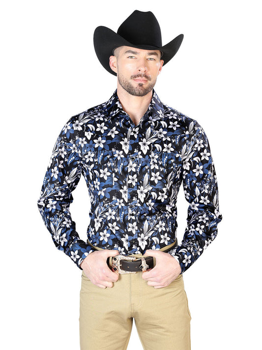 Camisa Vaquera Manga Larga de Broches Estampada Floral Negro/Flores para Hombre 'El Señor de los Cielos' - ID: 43954 Camisas Florales El Señor de los Cielos Black/Flowers