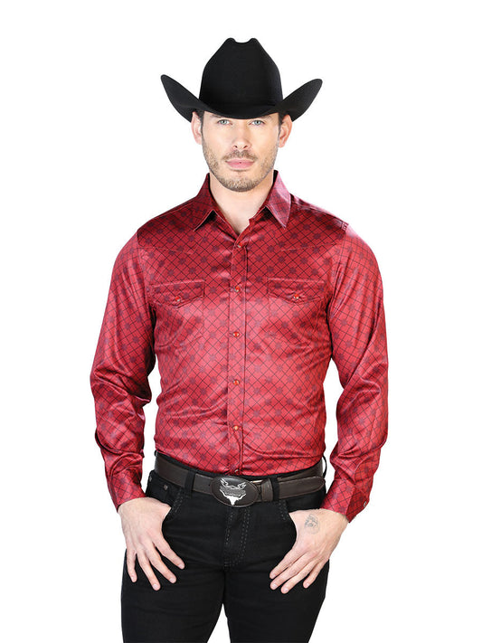 Camisa Vaquera Manga Larga de Broches Estampada Burgandy para Hombre 'El Señor de los Cielos' - ID: 43955 Camisas Estampadas El Señor de los Cielos Burgandy