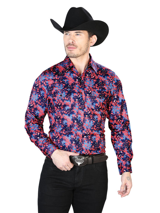 Camisa Vaquera Manga Larga de Broches Estampada Floral Azul/Flores para Hombre 'El Señor de los Cielos' - ID: 43956 Camisas Florales El Señor de los Cielos Blue/Flowers