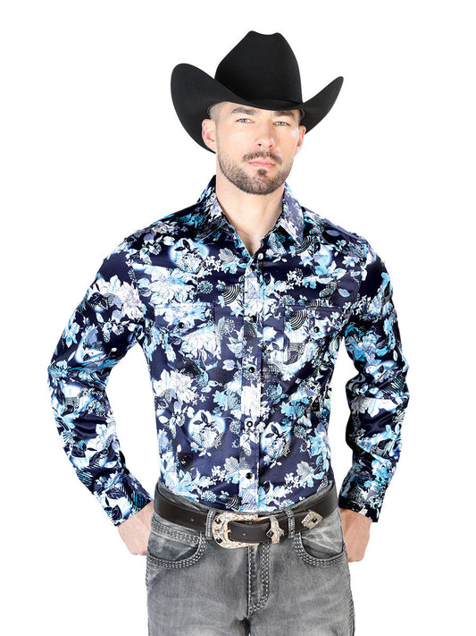 Camisa Vaquera Manga Larga de Broches Estampada Floral Azul/Flores para Hombre 'El Señor de los Cielos' - ID: 43958 Camisas Florales El Señor de los Cielos Blue/Flowers