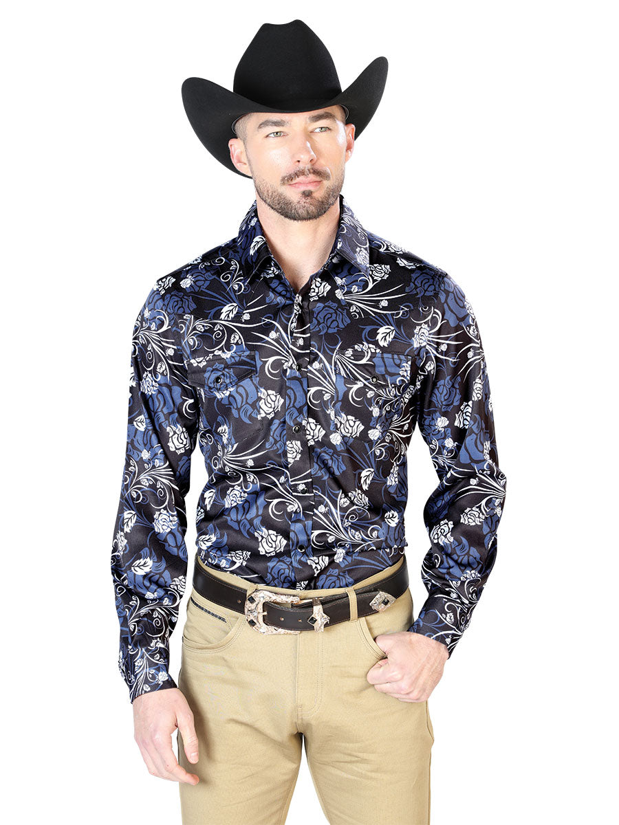 Camisa Vaquera Manga Larga de Broches Estampada Floral Marino para Hombre 'El Señor de los Cielos' - ID: 43959 Camisas Florales El Señor de los Cielos Navy