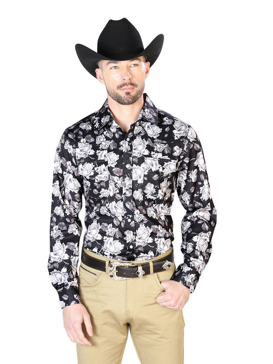 Camisa Vaquera Manga Larga de Broches Estampada Floral Negro/Flores para Hombre 'El Señor de los Cielos' - ID: 43960 Camisas Florales El Señor de los Cielos Black/Flowers