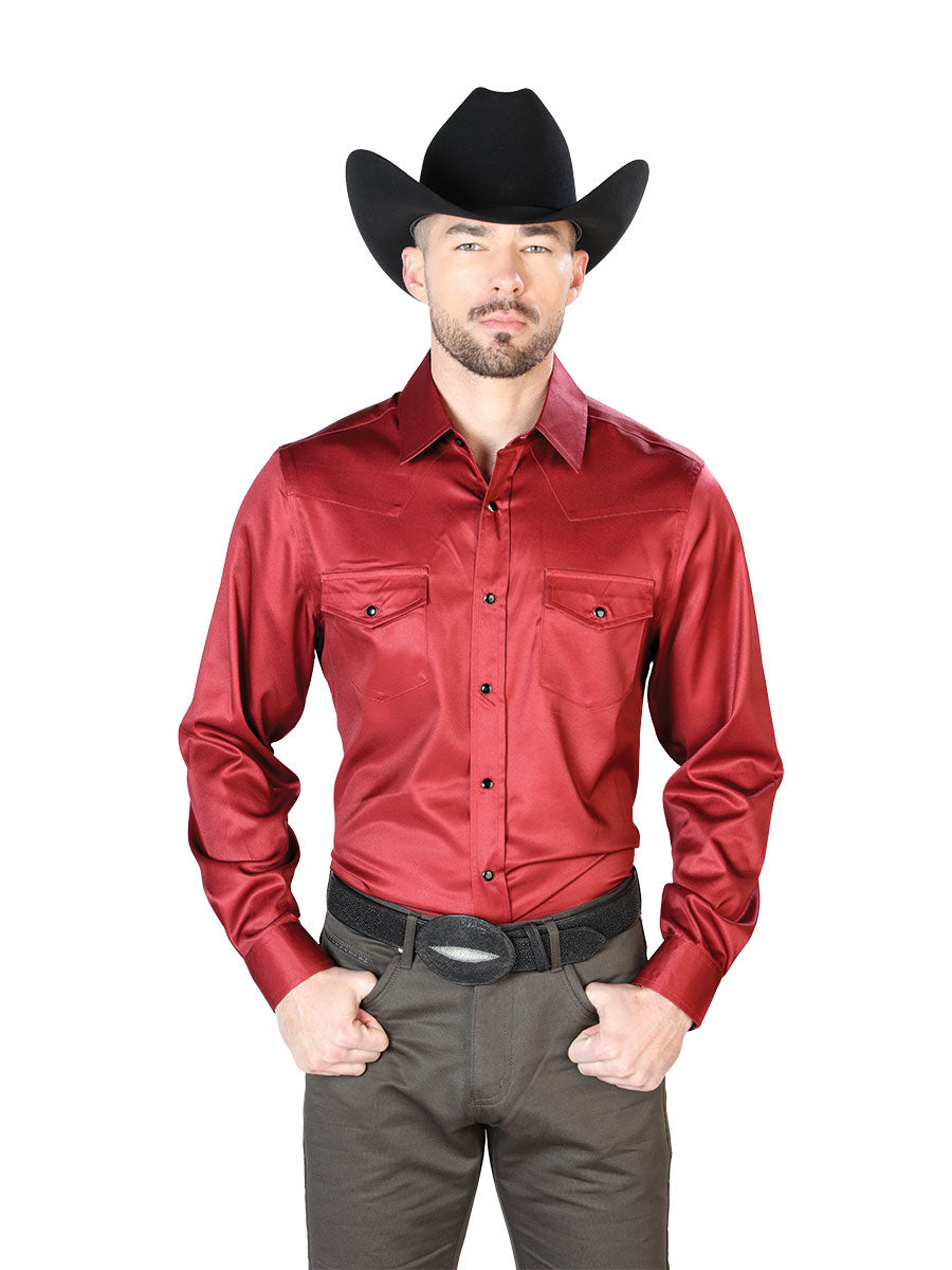 Camisa Vaquera Manga Larga de Bolsillos con Broches Burgandy para Hombre 'El Señor de los Cielos' - ID: 43961 Camisas de Bolsillos El Señor de los Cielos Burgandy