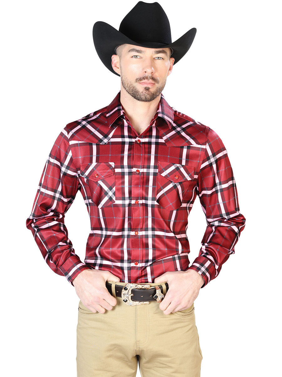 Camisa Vaquera Manga Larga de Broches Estampada Cuadros Burgandy/Gris para Hombre 'El Señor de los Cielos' - ID: 43962 Camisas de Cuadros El Señor de los Cielos Burgandy/Gray