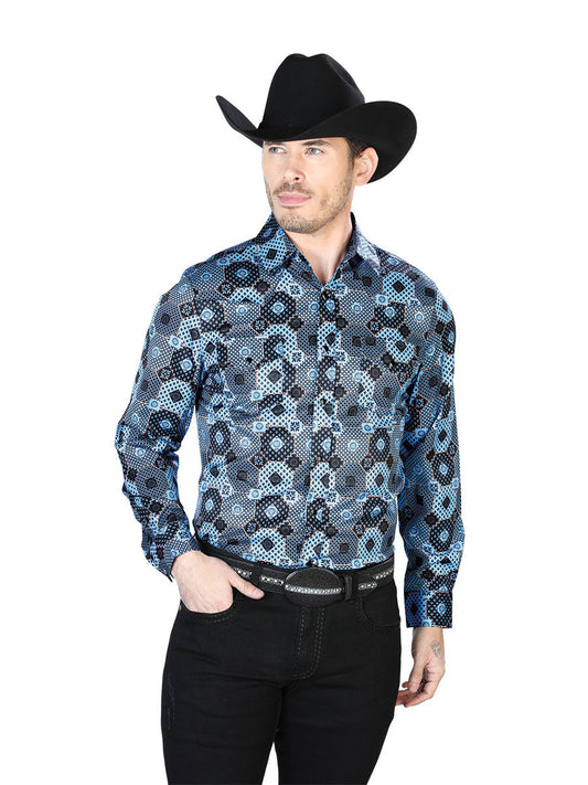 Camisa Vaquera Manga Larga de Broches Estampada Azul para Hombre 'El Señor de los Cielos' - ID: 43963 Camisas Estampadas El Señor de los Cielos Blue