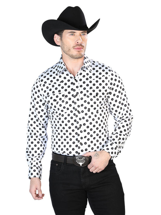 Camisa Vaquera Manga Larga de Broches Estampada Negro/Blanco para Hombre 'El Señor de los Cielos' - ID: 43964 Camisas Estampadas El Señor de los Cielos Black/White