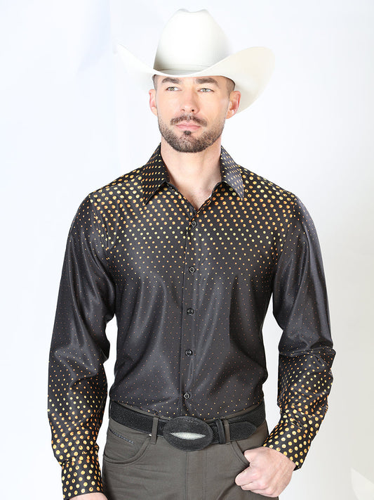 Camisa Vaquera Manga Larga Estampada Negro/Oro para Hombre 'El Señor de los Cielos' - ID: 43986 Camisas Estampadas El Señor de los Cielos Black/Gold