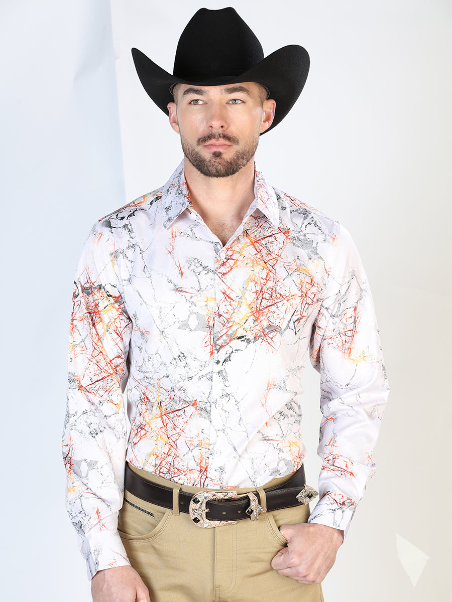 Camisa Vaquera Manga Larga Estampada Blanco para Hombre 'El Señor de los Cielos' - ID: 43993 Western Shirt El Señor de los Cielos White