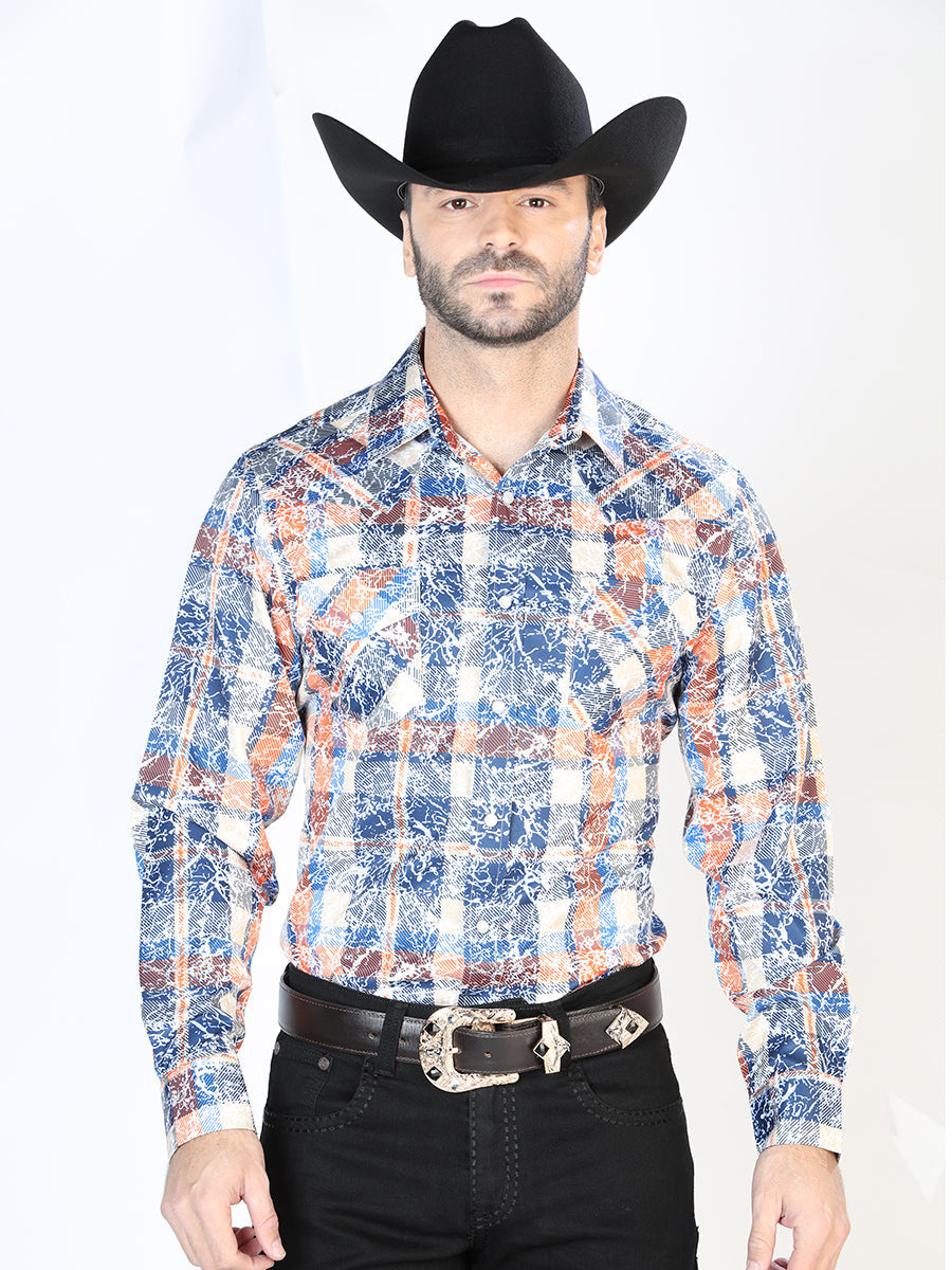 Camisa Vaquera Manga Larga de Broches Estampada Cuadros Azul/Naranja para Hombre 'El Señor de los Cielos' - ID: 44063 Camisas de Cuadros El Señor de los Cielos Blue/Orange