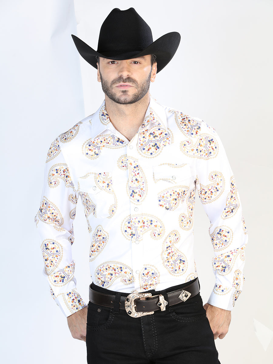 Camisa Vaquera Manga Larga de Broches Estampada Blanco Hueso/Oro para Hombre 'El Señor de los Cielos' - ID: 44064 Camisas Estampadas El Señor de los Cielos Off White/Gold