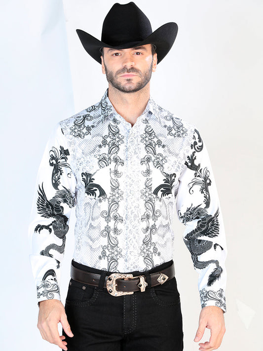 Camisa Vaquera Manga Larga de Broches Estampada Blanco/Negro para Hombre 'El Señor de los Cielos' - ID: 44066 Camisas Estampadas El Señor de los Cielos White/Black